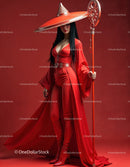 Elegant Woman in Red Dress with Accessories Against Red Background
