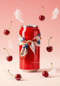 Red Soda Can with Colorful Scarf and Floating Cherries