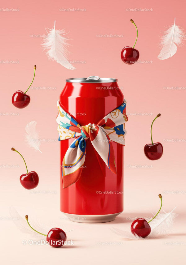 Red Soda Can with Colorful Scarf and Floating Cherries