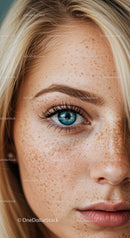 Close up of blue eye and natural freckles on face