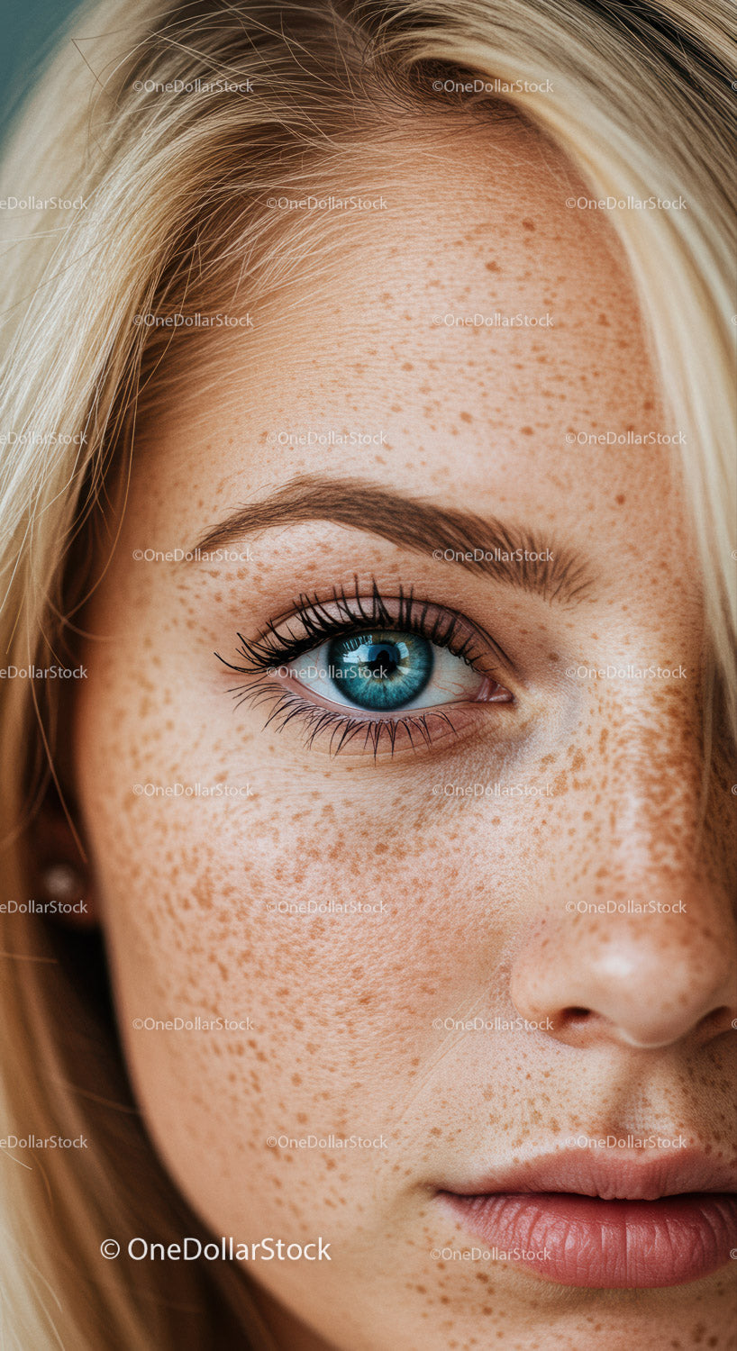 Close up of blue eye and natural freckles on face