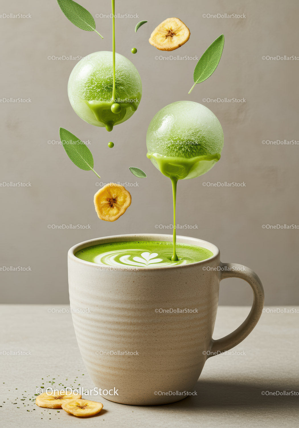 Fresh Matcha Latte with Banana Chips and Sage Leaves