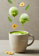 Fresh Matcha Latte with Banana Chips and Sage Leaves
