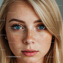 Close up of young woman with freckles and blue eyes