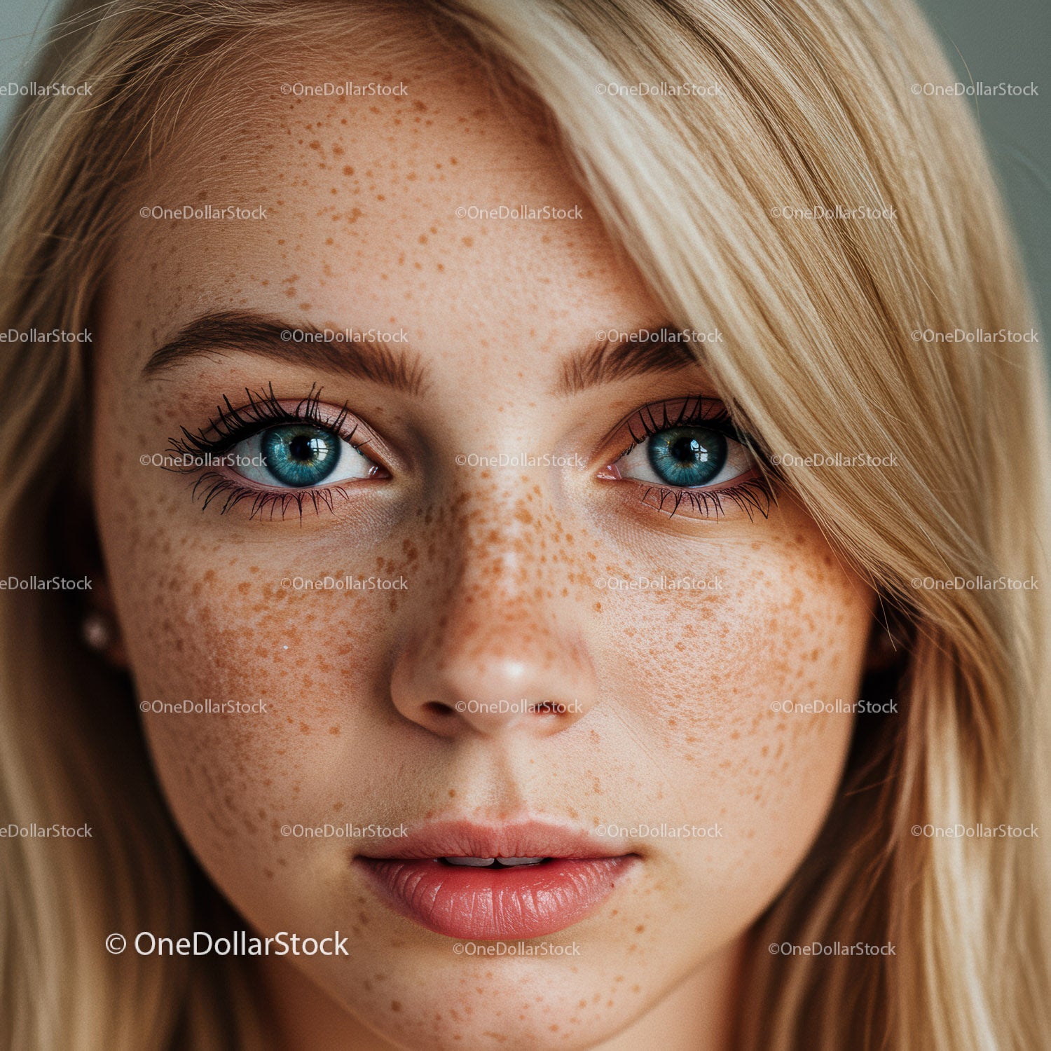 Close up of young woman with freckles and blue eyes