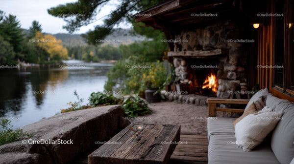 Cozy Riverside Cabin With Fireplace Overlooking Mountain Landscape Stock Photo Bundle (40 JPG Files)