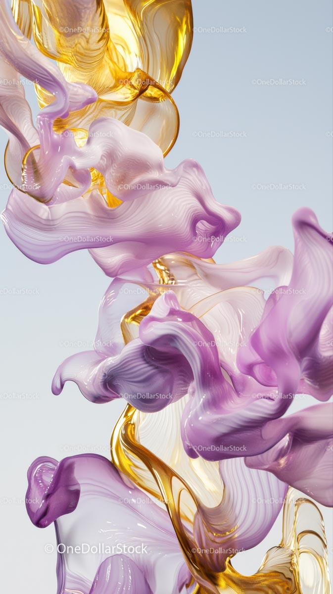 Elegant Abstract Swirl of Purple and Gold Glass-Like Fluid Art