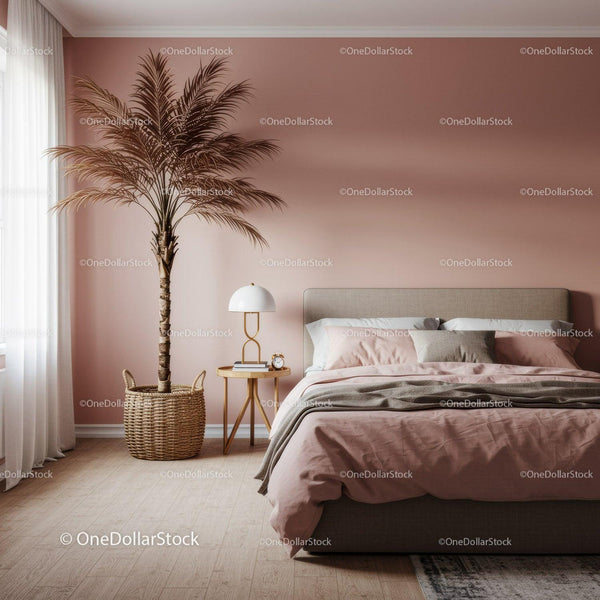 Modern Bedroom with Pink Walls and Cozy Bedding Featuring Indoor Plant