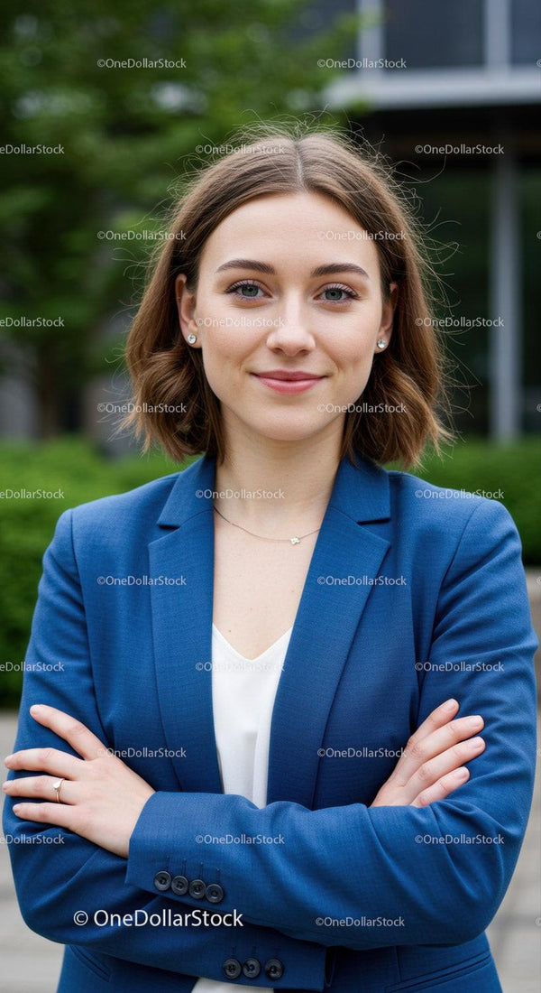 Confident Businesswoman in Blue Blazer Smiling Outdoors