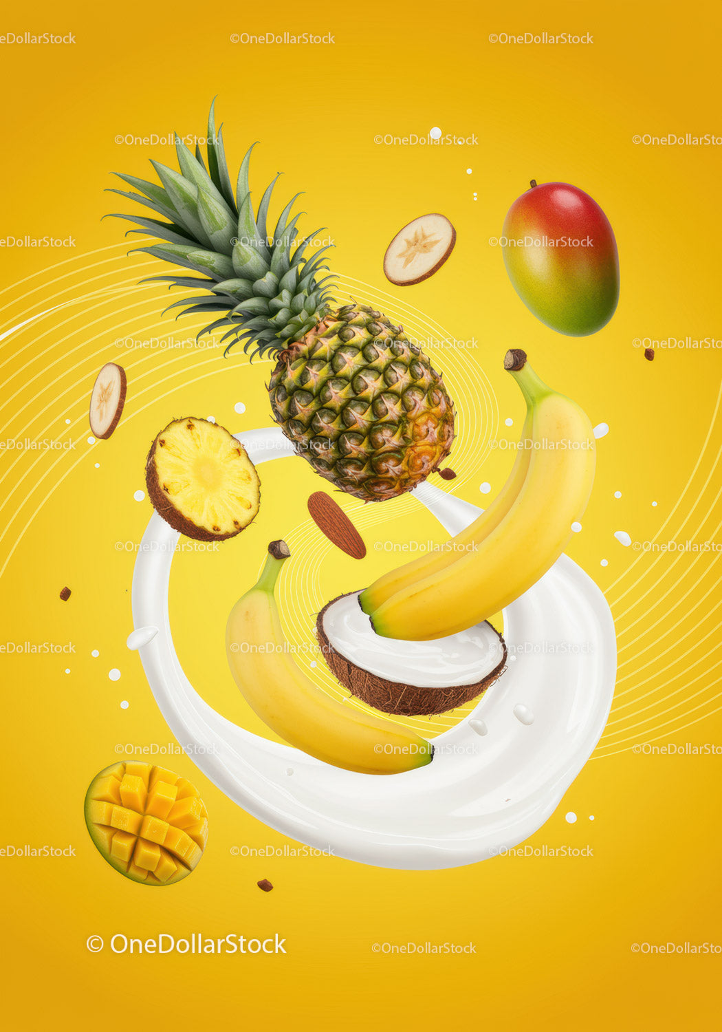 Fresh tropical fruits with creamy milk splash on yellow