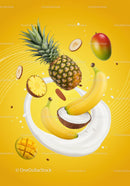 Fresh tropical fruits with creamy milk splash on yellow