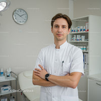 Young Male Doctor in White Coat in Clinic Setting