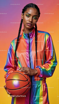 Young Woman in Rainbow Sportswear Holding Basketball Vibrant Urban Style
