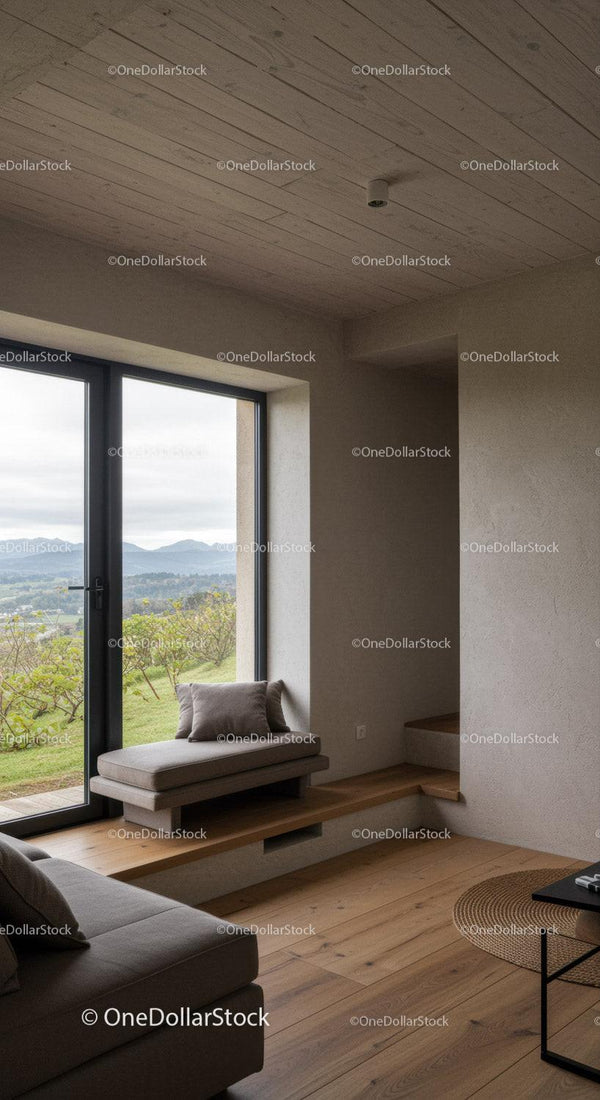 Modern Minimalist Living Room with Large Window and Scenic View