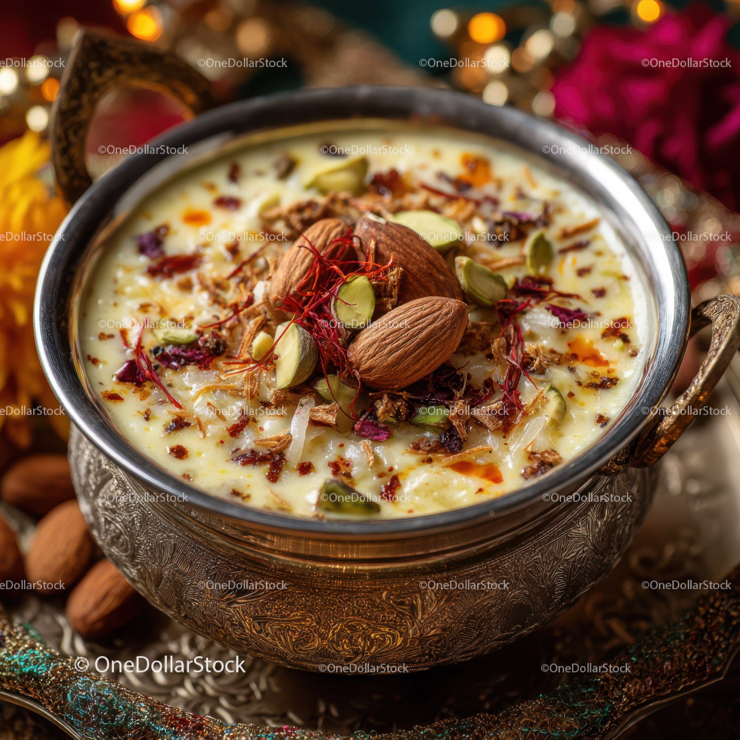 Decorative Silver Bowl with Saffron Pistachio Yogurt Dessert for Festive Celebrations