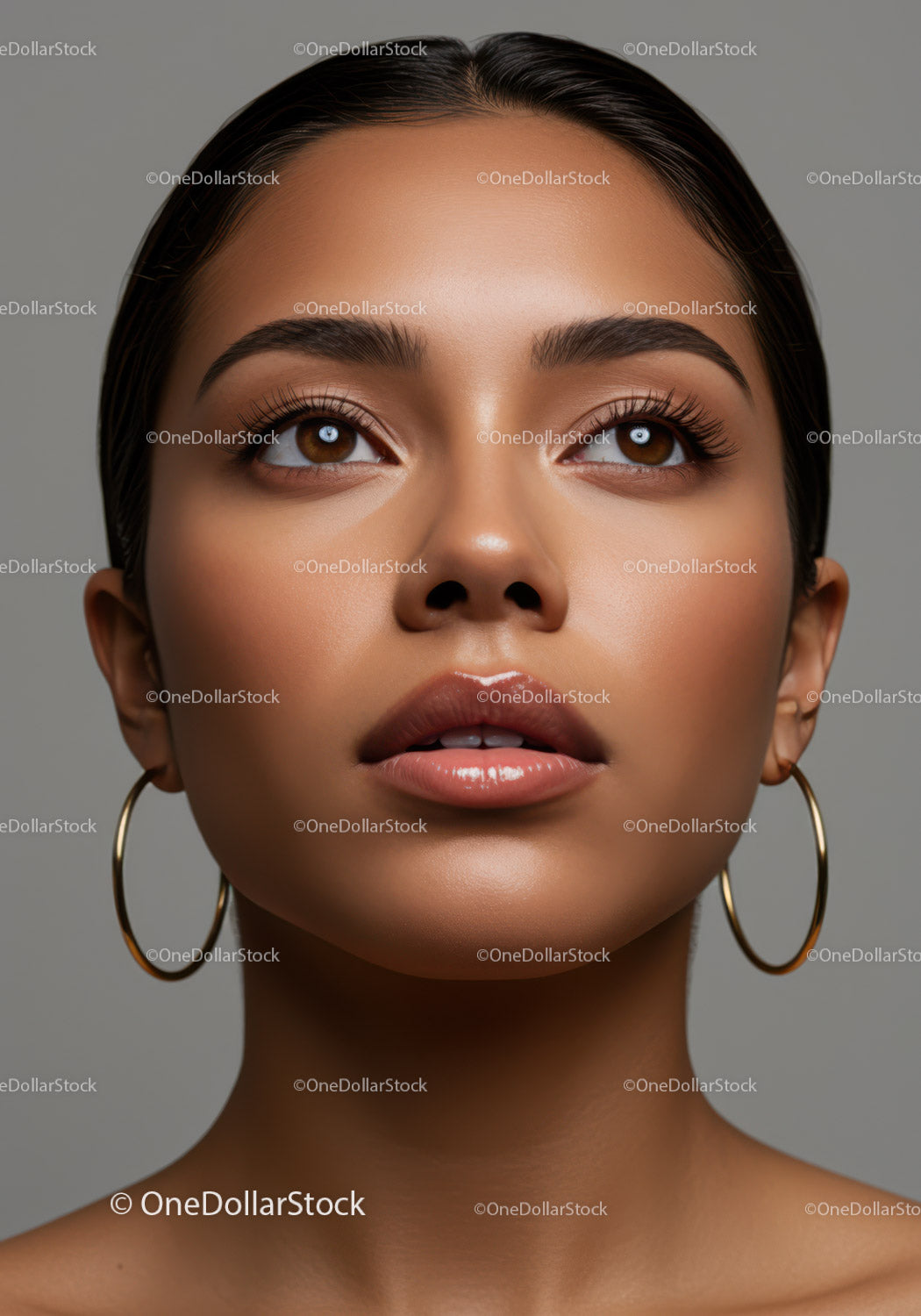 Beauty Portrait of a Woman with Brown Eyes and Hoop Earrings
