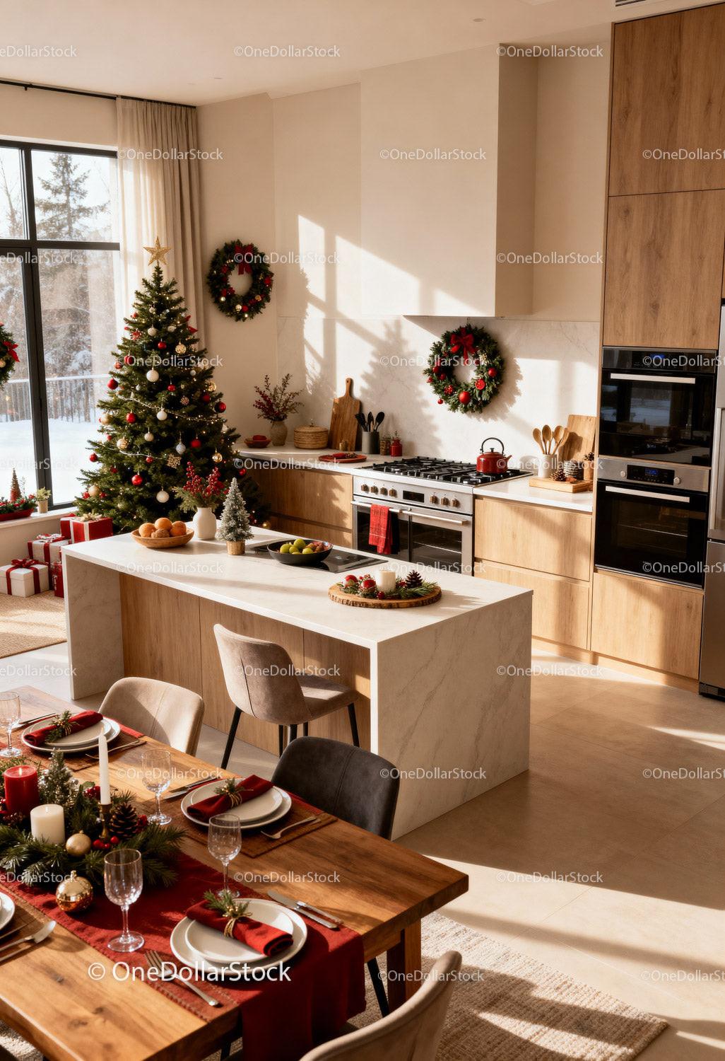 Festive Modern Kitchen and Dining Area with Christmas Decor