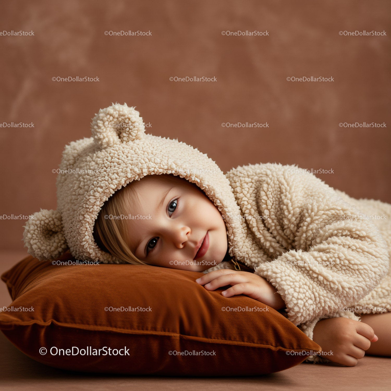 Toddler in Cozy Bear Onesie Resting on Velvet Pillow