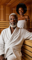 Elderly Man and Young Woman Relaxing in Sauna Spa Environment
