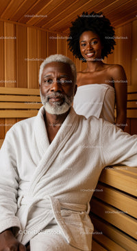 Elderly Man and Young Woman Relaxing in Sauna Spa Environment