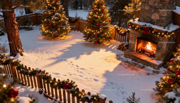 Cozy outdoor Christmas scene with fireplace and decorations