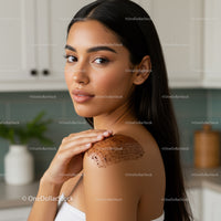 Young Woman Applying Coffee Scrub on Shoulder for Skin Glow