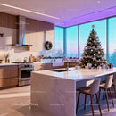 Modern kitchen with Christmas tree by large windows