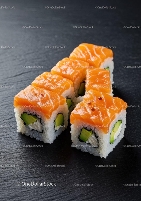 Fresh salmon sushi rolls with avocado on black slate