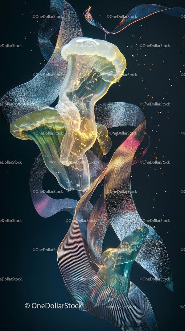 Bioluminescencyjne meduzy w głębinach otoczone świecącymi wstęgami