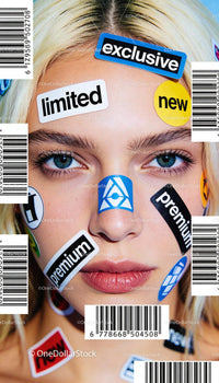 Close-up of young woman with promotional stickers on face