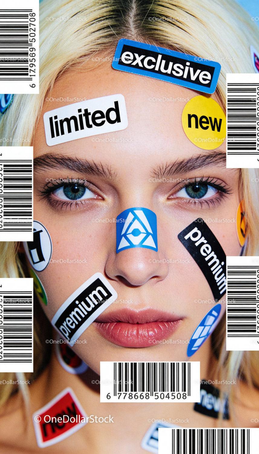 Close-up of young woman with promotional stickers on face