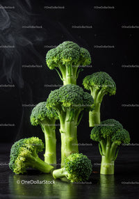 Fresh broccoli florets with steam on dark background
