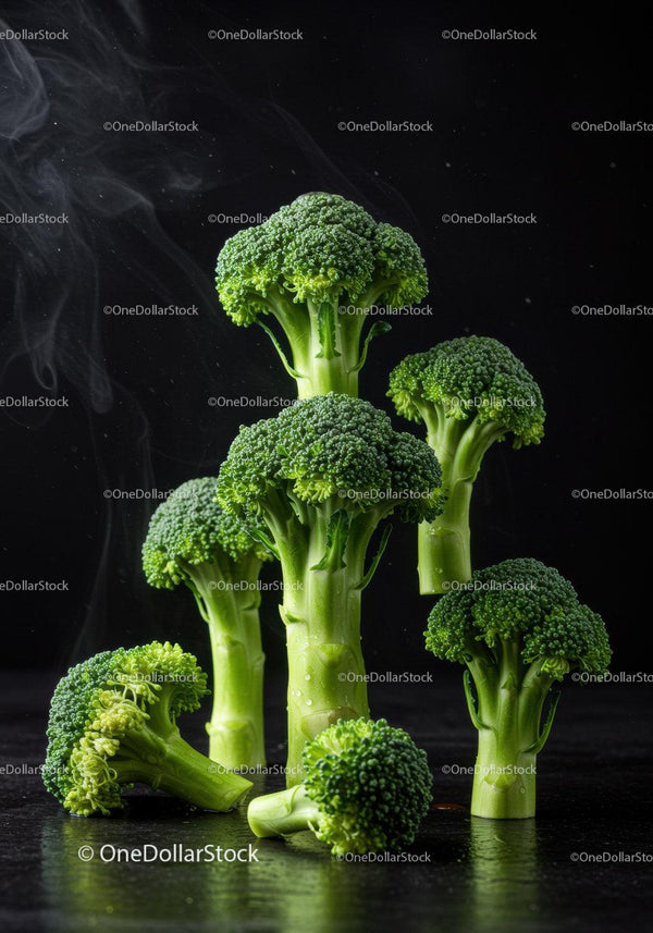 Fresh broccoli florets with steam on dark background