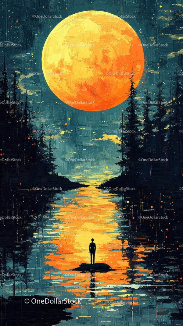 Vivid Sunset over Lake with Silhouettes and Enchanting Trees