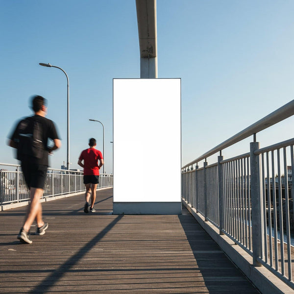 Two men jogging past blank billboard on wooden bridge JPG Mockup Image