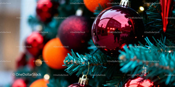 Close-up of Red Christmas Ornaments on Tree Branches