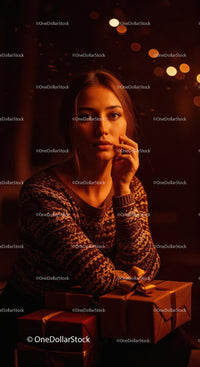 Thoughtful woman in cozy sweater with wrapped gifts
