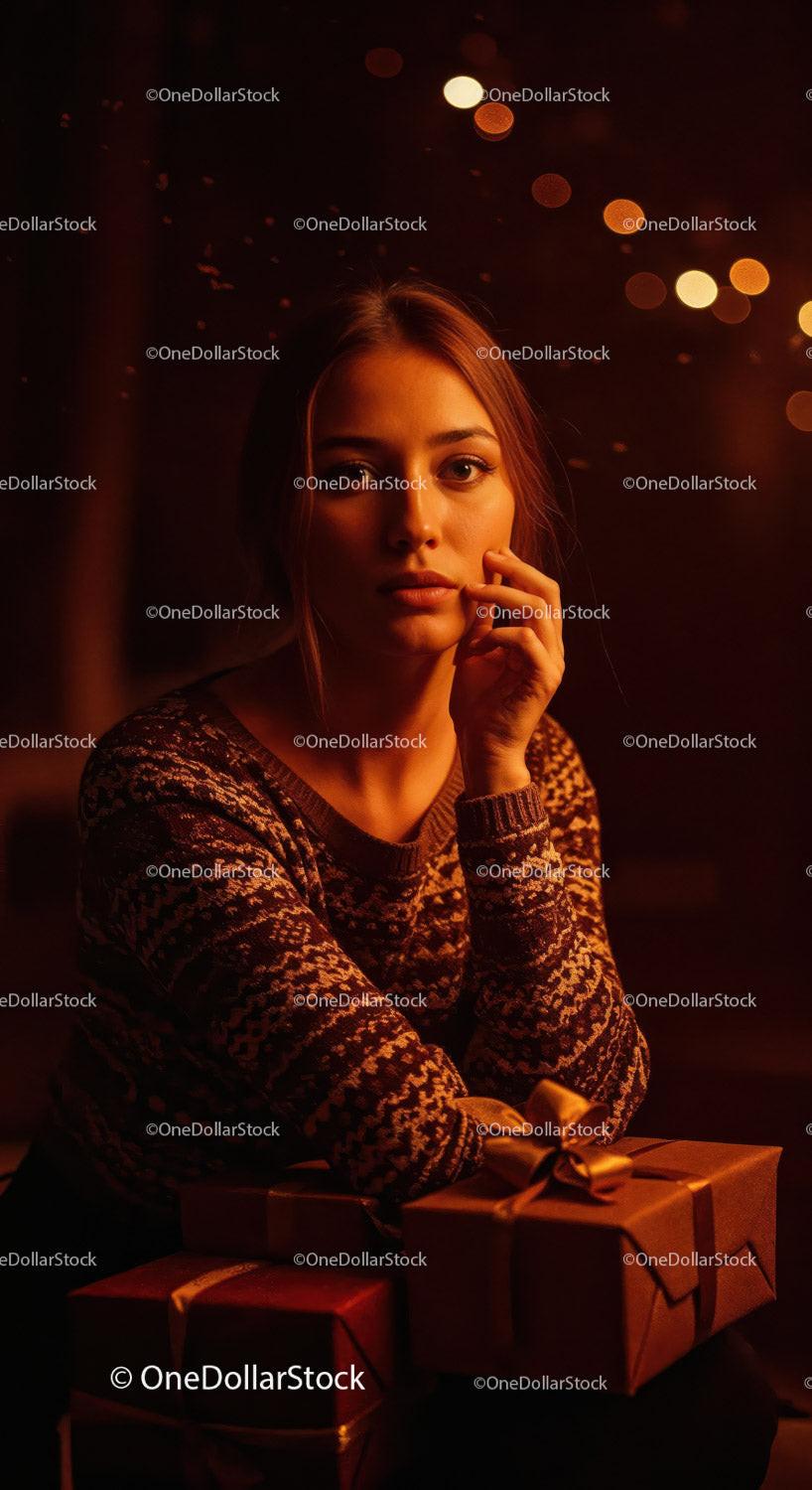 Thoughtful woman in cozy sweater with wrapped gifts