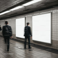 Blurred commuters passing blank advertising panels underground