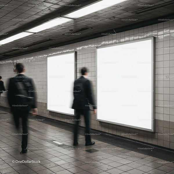 Blurred commuters passing blank advertising panels underground JPG Mockup Image