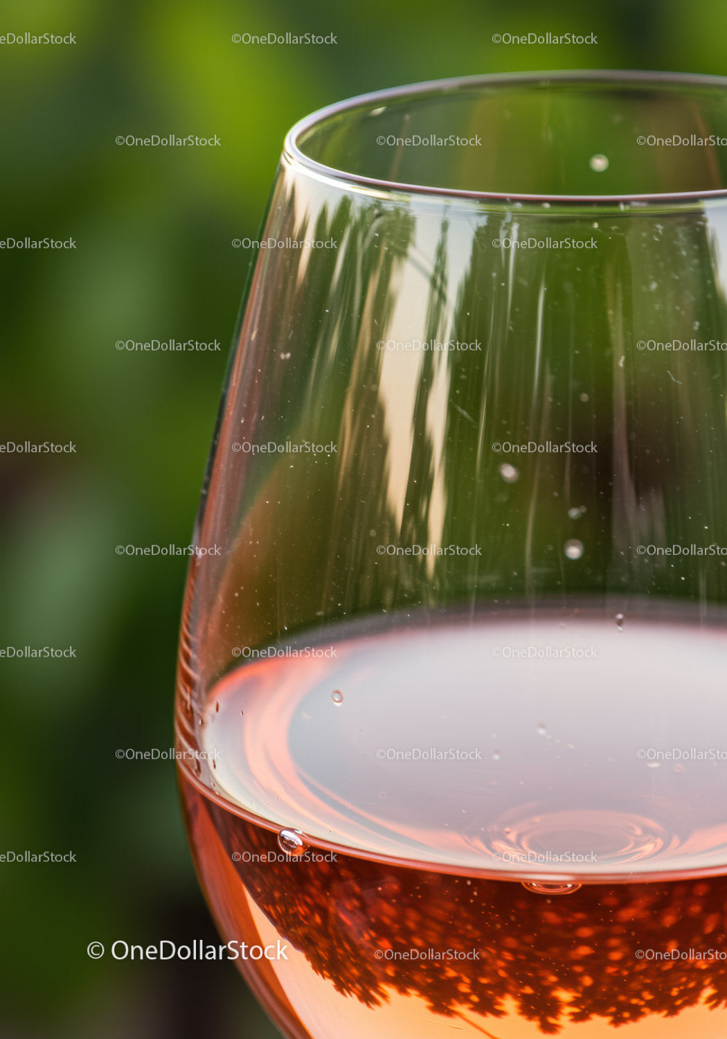 Close up of rosé wine glass with blurred green background