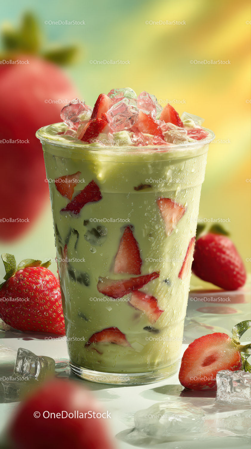 Fresh Strawberry and Kiwi Smoothie in Glass with Ice Cubes