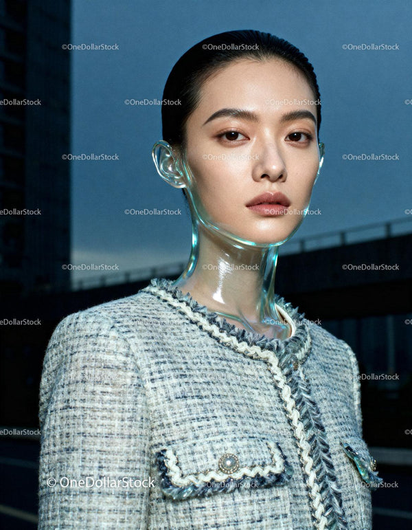 Elegant woman with glass neck accessory in textured jacket