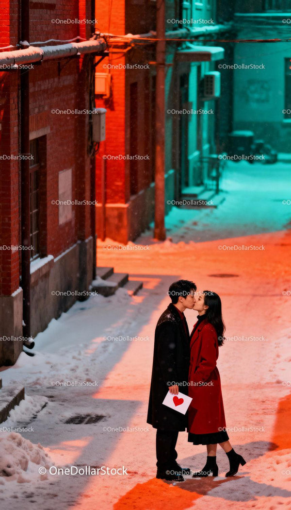Couple sharing a romantic kiss on snowy urban street