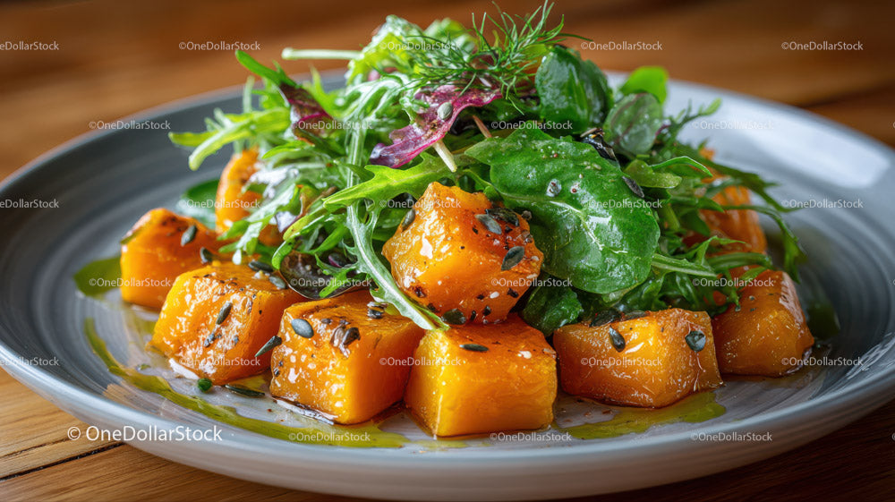 Vegetarian Roasted Pumpkin Salad with Mixed Greens and Sunflower Seeds