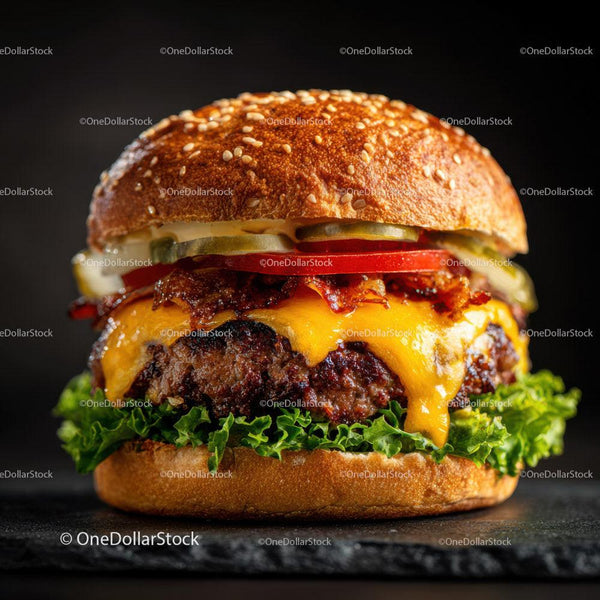 Soczysty Cheeseburger z Bekonem, Sałatą, Pomidorem i Ogórkami w Bułce z Sezamem