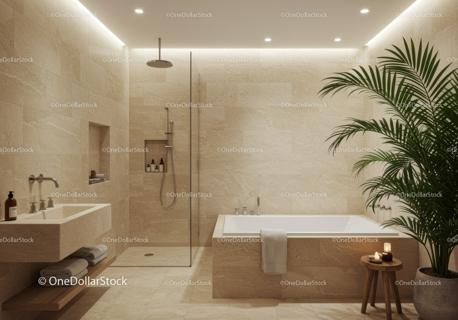 Elegancka, nowoczesna łazienka typu spa z dużą zieloną rośliną i świecami