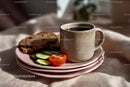 Coffee Mug with Sliced Cucumber Cherry Tomato and Toast on Pink Plate