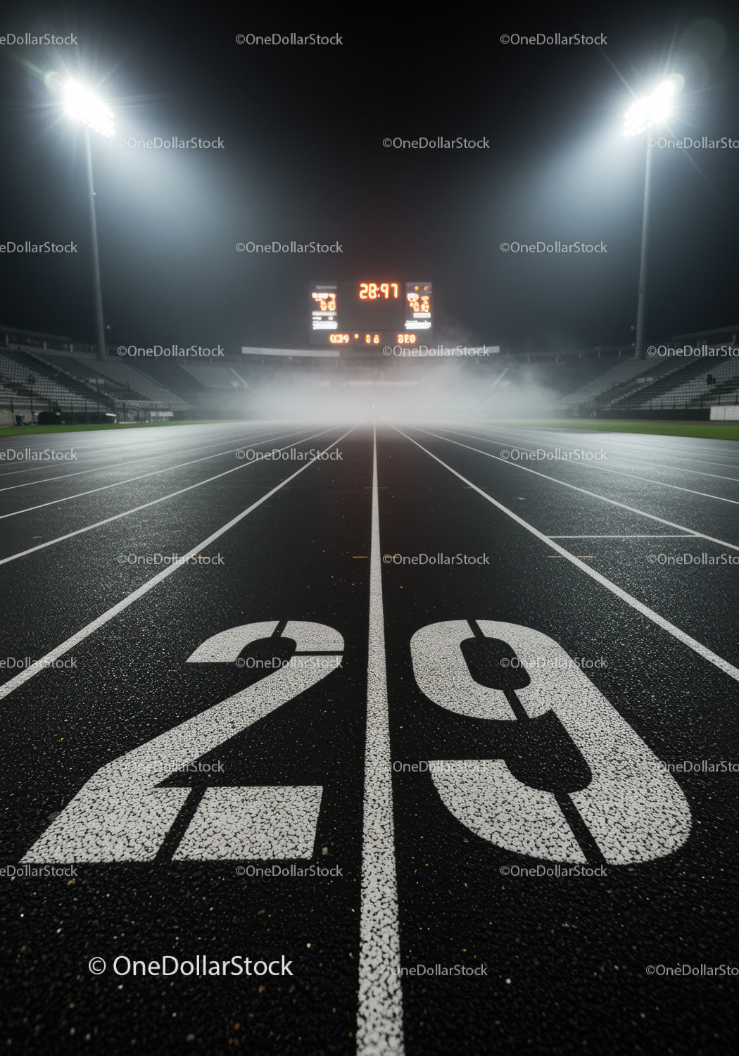 Empty lanes on running track at night with scoreboard