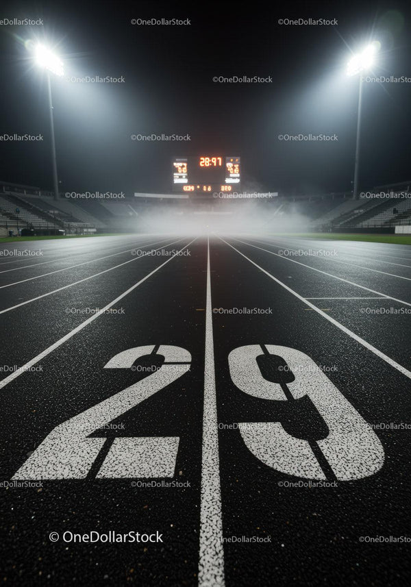 Empty lanes on running track at night with scoreboard